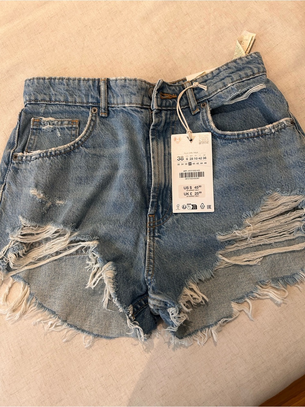 Zara Light Blue Distressed Denim Shorts New